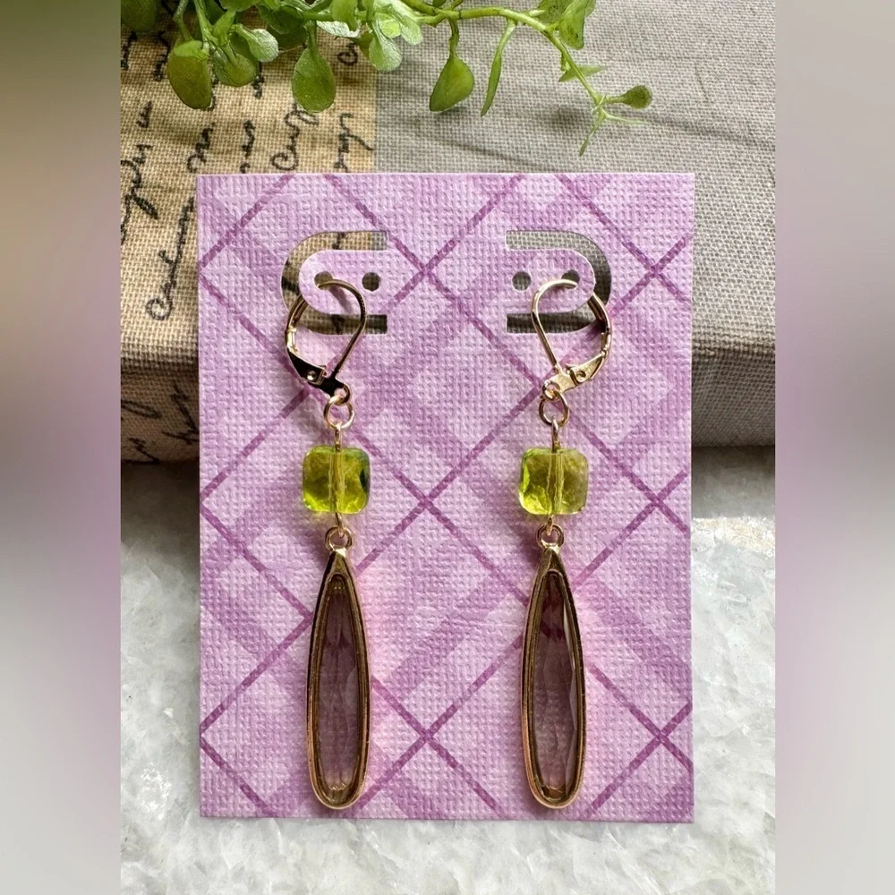 New Green Faceted Crystal Teardrop & Gold Tone Dangle Earrings - 2.50”